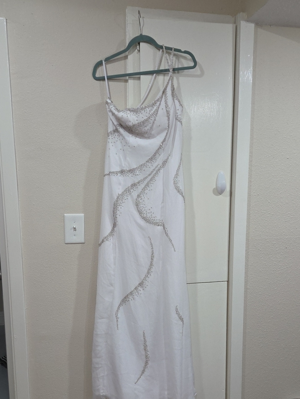 Bella Formals By Venus White Beaded Asymmetrical Slip Dress